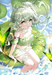 Rule 34 | 1girl, bad id, bad twitter id, bare shoulders, bikini, bikini skirt, blurry, blurry foreground, blush, braid, breasts, bridal garter, bug, butterfly, caustics, cross-shaped pupils, floating hair, frilled bikini, frilled swimsuit, frills, genshin impact, green bikini, green eyes, green hair, hair between eyes, highres, insect, leaf, long hair, looking at viewer, looking up, midriff, multicolored hair, nahida (genshin impact), parted lips, side ponytail, sidelocks, small breasts, soaking feet, solo, spaghetti strap, swimsuit, symbol-shaped pupils, thighs, two-tone hair, ueng, water, white hair