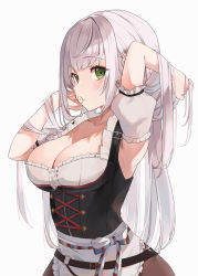 Rule 34 | 1girl, absurdres, apron, arm up, armpits, arms up, blush, breasts, cleavage, closed mouth, collarbone, corset, cowboy shot, detached sleeves, flower, green eyes, hair flower, hair ornament, hands in hair, highres, hololive, large breasts, mouth hold, nabeniuitagomi, puffy short sleeves, puffy sleeves, shirogane noel, shirogane noel (dirndl), short sleeves, simple background, solo, underbust, virtual youtuber, waist apron, white apron, white background, white flower, white hair