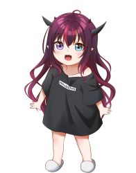 Rule 34 | 1girl, absurdres, aged down, black skirt, blue eyes, child, fangs, fingernails, full body, heterochromia, highres, hololive, hololive english, horns, irys (hololive), jan azure, multicolored hair, multiple horns, oversized clothes, oversized shirt, purple eyes, red eyes, shirt, skirt, slippers, solo, t-shirt, transparent background, virtual youtuber, white footwear