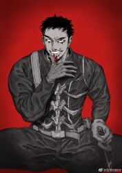 Rule 34 | 1boy, caiman (dorohedoro), dagger, dorohedoro, feet out of frame, highres, holding, holding dagger, holding knife, holding weapon, knife, licking, licking blood, licking finger, looking at viewer, male focus, mature male, pants, poopvirus, red background, sanpaku, seductive smile, short hair, sideburns, smile, solo, spoilers, spread legs, thick eyebrows, tongue, tongue out, weapon