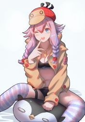 Rule 34 | 1girl, absurdres, arknights, black bra, black panties, blue eyes, bra, braid, breasts, brown jacket, chinese commentary, finger to mouth, glasses, hair between eyes, hat, highres, jacket, laozhanshi, looking at viewer, may (arknights), may (elite ii) (arknights), multicolored clothes, multicolored legwear, navel, one eye closed, open clothes, open jacket, open mouth, panties, pink hair, red hat, small breasts, solo, stuffed animal, stuffed penguin, stuffed toy, thigh strap, thighhighs, underwear, white background