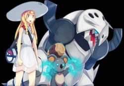 Rule 34 | 10s, 1girl, aggron, bad id, bad pixiv id, bag, black background, blonde hair, clenched hands, creatures (company), dress, fardin, game freak, gen 3 pokemon, gen 7 pokemon, glowing, glowing eyes, green eyes, hat, komala, lillie (pokemon), long hair, looking to the side, mega aggron, mega pokemon, nintendo, open mouth, pokemon, pokemon (creature), pokemon sm, shoulder bag, standing, white dress, white hat