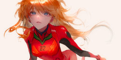 Rule 34 | 1girl, artist request, bodysuit, breasts, brown hair, floating hair, hair between eyes, hair ornament, highres, lips, long hair, looking at viewer, neon genesis evangelion, pilot suit, plugsuit, red bodysuit, shiny clothes, shiny skin, simple background, skin tight, solo, souryuu asuka langley, two side up, very long hair, white background, wide hips