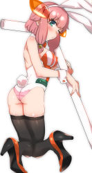 Rule 34 | 10s, 1girl, animal ears, aqua eyes, ass, bad id, bad pixiv id, bare shoulders, bell, black thighhighs, blush, body blush, breasts, covered erect nipples, detached collar, drinking straw, fake animal ears, fake tail, flat ass, from behind, from side, full body, green eyes, hair ornament, hair ribbon, hairband, head tilt, high heels, highres, hugging object, jingle bell, kneeling, knees together feet apart, kyuuso inukami, leotard, looking at viewer, looking back, mappa (company), narugino mikatan, one eye closed, over shoulder, oversized object, pink hair, playboy bunny, punch line, punchline, pursed lips, rabbit ears, rabbit tail, ribbon, shoe soles, shoes, short hair, short hair with long locks, sidelocks, simple background, solo, strapless, tail, thighhighs, transparent, white background, wrist cuffs