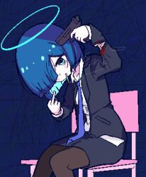 Rule 34 | 1girl, alternate costume, aqua eyes, aqua hair, black jacket, black skirt, bleeding, blood, blood on clothes, blue background, blue hair, blue necktie, blunt bangs, blush, bob cut, chair, chibikki, cigarette, collarbone, collared shirt, colored inner hair, cuts, finger on trigger, formal, gun, gun to head, hair over one eye, halo, hands up, holding, holding gun, holding weapon, imminent suicide, injury, jacket, long sleeves, looking at viewer, messy hair, middle finger, multicolored hair, nanako (chibikki), necktie, office lady, open clothes, open jacket, original, pantyhose, pencil skirt, pixel art, self-harm, shirt, short hair, simple background, sitting, skirt, skirt suit, smoke, smoking, solo, suicide, suit, torn clothes, torn jacket, torn shirt, two-tone hair, weapon, white shirt, wrist cutting