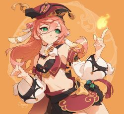Rule 34 | 1girl, black skirt, clenched hand, detached sleeves, fire, flat chest, genshin impact, green eyes, highres, leaning to the side, midriff, navel, orange background, pink hair, pointing, red headwear, skirt, smile, soemy, solo, yanfei (genshin impact)