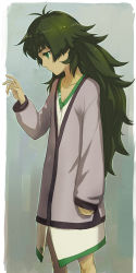 Rule 34 | 1girl, antenna hair, arm at side, clenched hand, commentary, dress, expressionless, green dress, green eyes, green hair, grey background, hand up, head down, highres, hiyajou maho, long hair, menomorute, messy hair, purple shirt, reaching, reaching towards viewer, shirt, solo, steins;gate, steins;gate 0, thick eyebrows, two-tone dress, white dress