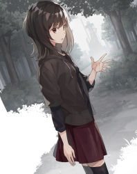 Rule 34 | 1girl, bad id, bad pixiv id, black cardigan, black hair, black shirt, black thighhighs, brown eyes, brown skirt, cardigan, cowboy shot, dutch angle, forest, from side, hair between eyes, highres, k-me, layered sleeves, long hair, long sleeves, looking at viewer, miniskirt, nature, open cardigan, open clothes, open mouth, original, shirt, short over long sleeves, short sleeves, sketch, skirt, solo, standing, thighhighs, zettai ryouiki