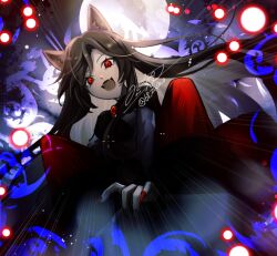 Rule 34 | 1girl, animal ears, clothes lift, dress, dress lift, full moon, imaizumi kagerou, long hair, moon, open mouth, red eyes, red nails, rokuya (68 zusao), smile, solo, tagme, touhou, wolf ears, wolf girl