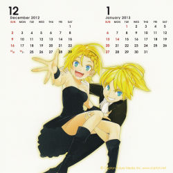Rule 34 | 1boy, 1girl, bare shoulders, blonde hair, blue eyes, braid, brother and sister, calendar, dress, formal, grin, happy, highres, kagamine len, kagamine rin, open mouth, ponytail, short hair, siblings, simple background, single braid, smile, suit, twins, vocaloid, white background, wristband