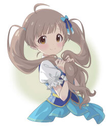 Rule 34 | 1girl, ahoge, aqua skirt, blue jacket, blue ribbon, blush, breasts, brown background, brown eyes, brown hair, circle, closed mouth, commentary request, cropped legs, dot nose, frilled sleeves, frilled wrist cuffs, frills, from side, goma konbu, gradient background, hair ribbon, hair tie, hakozaki serika, hands up, highres, holding, holding own hair, idolmaster, idolmaster million live!, idolmaster million live! theater days, jacket, lone nape hair, long hair, looking at viewer, looking to the side, overskirt, plaid, plaid jacket, puffy short sleeves, puffy sleeves, ribbon, shirt, short sleeves, skirt, small breasts, smile, solo, split mouth, swept bangs, turning head, twintails, very long hair, white background, white shirt, white wrist cuffs, wrist cuffs, yellow trim