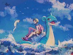 Rule 34 | 1girl, backpack, bag, bike shorts, bird, blue eyes, blue hair, blush, cloud, commentary request, creatures (company), day, game freak, gen 1 pokemon, gen 2 pokemon, hanenbo, jacket, kris (pokemon), lapras, long sleeves, looking back, nintendo, open mouth, outdoors, pink bag, pokemon, pokemon (creature), pokemon gsc, remoraid, riding, riding pokemon, shoes, signature, silhouette, sitting, sky, teeth, twintails, water, white jacket