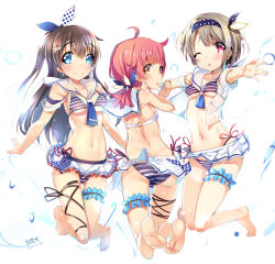 Rule 34 | 3girls, ahoge, armband, ass, back, barefoot, bikini, blouse, blue bikini, blue eyes, blue neckerchief, blush, breasts, brown hair, chestnut mouth, commentary request, frilled skirt, frills, hair ribbon, hands up, headband, jumping, legs, light brown hair, long hair, looking at viewer, looking back, love live!, love live! nijigasaki high school idol club, medium breasts, mismatched bikini, multiple girls, nakasu kasumi, navel, neckerchief, one eye closed, open clothes, open mouth, open shirt, osaka shizuku, outstretched arms, pink hair, polka dot, ponytail, red eyes, ribbon, sailor collar, see-through, see-through shirt, shirt, short hair, short sleeves, short twintails, signature, skirt, small breasts, smile, stomach, string bikini, striped bikini, striped clothes, swimsuit, tennoji rina, thigh strap, thighs, twintails, twitter username, white background, white shirt, white skirt, yellow eyes, yuuki fumi (kueg7288)