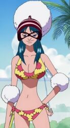 Rule 34 | 1girl, bikini, blue eyes, breasts, hand on own hip, large breasts, looking at viewer, non-web source, one piece, palm tree, porche (one piece), swimsuit, tagme, tree
