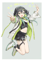 Rule 34 | 1girl, :d, arm up, black hair, black shirt, black skirt, braid, breasts, commentary, commission, copyright request, crop top, double v, english commentary, full body, green eyes, green hair, green nails, grey background, hair between eyes, highres, jacket, kitada mo, looking at viewer, midriff, multicolored hair, nail polish, navel, open clothes, open jacket, open mouth, outstretched arms, pleated skirt, roller skates, shirt, skates, skeb commission, skirt, small breasts, smile, solo, star (symbol), streaked hair, thick eyebrows, translation request, two-tone background, v, virtual youtuber, white background, white footwear, white jacket