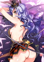 Rule 34 | 10s, 1girl, ajishio, animal ears, arched back, arms up, ass, back, backless outfit, bare arms, bare back, bare shoulders, black gloves, breasts, erune, ferry (granblue fantasy), ferry (halloween) (granblue fantasy), from behind, gloves, granblue fantasy, halloween, hat, light purple hair, long hair, looking at viewer, looking back, mini hat, mini top hat, nipples, no panties, purple hair, rabbit ears, sideboob, skirt, small breasts, solo, top hat, upskirt, very long hair, wavy hair, yellow eyes