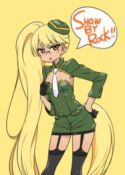 Rule 34 | &gt;:o, 1girl, :o, absurdly long hair, beret, black gloves, blonde hair, chan co, cleavage cutout, clothing cutout, copyright name, glasses, gloves, green hat, green jacket, green skirt, half gloves, hand on own chest, hand on own hip, hat, jacket, leaning forward, long hair, long sleeves, looking at viewer, miniskirt, necktie, retoree (show by rock!!), show by rock!!, simple background, skirt, solo, speech bubble, standing, symbol in eye, thighhighs, v-shaped eyebrows, very long hair, white necktie, yellow background, yellow eyes
