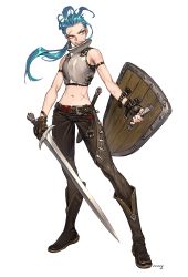 Rule 34 | 1girl, armband, armor, bare shoulders, belt, belt buckle, blue hair, boots, breastplate, brown footwear, brown gloves, brown legwear, buckle, dagger, fingerless gloves, gloves, holding, holding shield, holding sword, holding weapon, knife, long hair, morry, muscular, navel, original, parted lips, scabbard, scar, scar on stomach, sheath, sheathed, shield, signature, simple background, smile, solo, standing, sword, weapon, white background, yellow eyes