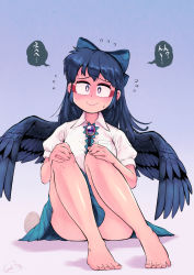 Rule 34 | 1girl, barefoot, bird wings, black hair, black wings, blush, bow, breasts, bright pupils, carte, closed mouth, collared shirt, commentary request, convenient leg, egg, flying sweatdrops, full body, green bow, green skirt, hair bow, hands on own knees, highres, large breasts, long hair, looking at viewer, miniskirt, nose blush, red eyes, reiuji utsuho, shirt, short sleeves, signature, sitting, skirt, smile, solo, third eye, toes, touhou, wavy mouth, white pupils, white shirt, wings