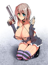 Rule 34 | 1girl, black gloves, blonde hair, blue eyes, blush, breasts, cleavage, cross, desert eagle, elbow gloves, fingerless gloves, gen (black factory), gloves, gun, handgun, heterochromia, huge breasts, magazine (weapon), open mouth, original, simple background, solo, squatting, striped clothes, striped thighhighs, thighhighs, two side up, weapon, yellow eyes