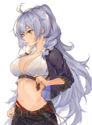 Rule 34 | 1girl, ahoge, arms at sides, belt, black jacket, black pants, blurry, bow, braid, breasts, cleavage, commentary request, crop top, cropped jacket, depth of field, from side, granblue fantasy, hair between eyes, hair bow, hana mori, highres, jacket, large breasts, long hair, looking down, midriff, navel, pants, ponytail, silva (granblue fantasy), silver hair, stomach, twin braids, very long hair, wavy hair, yellow eyes
