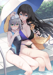 Rule 34 | 2girls, arm up, armband, bare arms, bare shoulders, bikini, black bikini, black hair, black one-piece swimsuit, blue eyes, bottle, breasts, brown jacket, cleavage, commentary request, covered navel, day, green eyes, grey hair, hair between eyes, hedge, holding, holding bottle, holding umbrella, hood, hooded jacket, ice pack, jacket, large breasts, long sleeves, multiple girls, navel, one-piece swimsuit, open clothes, open jacket, original, outdoors, pool, poolside, purple bikini, sleeves past wrists, small breasts, soaking feet, swimsuit, tokuno yuika, umbrella, water, water bottle, white umbrella