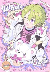 Rule 34 | 1boy, :d, candy, character name, dotted line, english text, ensemble stars!, fur-trimmed collar, fur trim, green hair, hand up, heart, heart-shaped blush stickers, highres, holding, holding stuffed toy, layered clothes, layered sleeves, long sleeves, manamoko (fancy surprise!), one eye closed, open clothes, open mouth, pink background, plaid, plaid sweater, purple eyes, ribbon, short hair, smile, solo, stuffed animal, stuffed toy, sweater, teddy bear, tomoe hiyori, upper body, wrapped candy