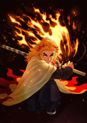Rule 34 | 1boy, black background, black jacket, black legwear, black pants, blonde hair, cape, closed mouth, fighting stance, fire, forked eyebrows, gradient cape, highres, holding, holding sheath, jacket, kimetsu no yaiba, long sleeves, looking at viewer, male focus, multicolored hair, on one knee, pants, ready to draw, red hair, remsor076, rengoku kyoujurou, sheath, solo, tabi, two-tone hair, white cape, yellow cape, yellow eyes