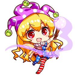 Rule 34 | &gt;:d, 1girl, :d, american flag dress, american flag legwear, arm up, asymmetrical clothes, asymmetrical legwear, bare arms, blonde hair, blush stickers, chibi, clownpiece, commentary, dress, fairy wings, full body, hat, holding, jester cap, long hair, looking at viewer, lowres, neck ruff, open mouth, pantyhose, pink eyes, polka dot, polka dot headwear, purple hat, renren (ah renren), short sleeves, simple background, smile, solo, standing, standing on one leg, striped clothes, striped dress, torch, touhou, uneven legwear, v-shaped eyebrows, very long hair, white background, wings