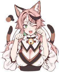 Rule 34 | 1girl, animal ear fluff, animal ears, breasts, cat ears, cat girl, cat tail, cleavage, collar, color guide, commentary, fang, green eyes, large breasts, looking at viewer, multicolored hair, multiple tails, neck bell, one eye closed, open mouth, original, paw pose, pink hair, puffy sleeves, short sleeves, simple background, slit pupils, solo, tail, twintails, two-tone hair, two tails, white background, white hair, wide sleeves, yagi (ningen)
