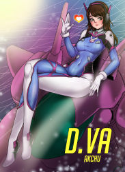 Rule 34 | 1girl, akchu, animal print, armor, artist name, bodysuit, boots, bracer, breasts, brown eyes, brown hair, character name, closed mouth, covered navel, crossed legs, d.va (overwatch), eyelashes, facepaint, facial mark, gloves, hand up, headphones, heart, highres, large breasts, legs, lips, lipstick, long hair, long legs, long sleeves, looking at viewer, makeup, mecha, meka (overwatch), overwatch, overwatch 1, pauldrons, pilot suit, pink lips, rabbit print, ribbed bodysuit, robot, shoulder armor, shoulder pads, sitting, skin tight, smile, solo, thigh boots, thigh strap, thighhighs, thighs, turtleneck, whisker markings, white footwear, white gloves