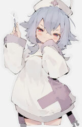 Rule 34 | 1girl, absurdres, blue hair, blush, blush stickers, commentary, cowboy shot, dated commentary, dress, flipped hair, grey background, hair between eyes, hat, highres, holding scalpel, lens flare, long sleeves, muted color, nep (nep 76), nurse, nurse cap, original, red eyes, short hair, simple background, sleeves past wrists, solo, thighhighs, wavy mouth, white dress, white thighhighs