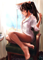 Rule 34 | 1girl, 2016, absurdres, adjusting hair, arm up, armchair, artist name, backlighting, bad id, bad pixiv id, bare legs, barefoot, breast pocket, breasts, brown hair, buttons, carpet, chair, cleavage, coffee, coffee cup, collared shirt, cross, cross necklace, cup, curtains, dated, day, disposable cup, dress shirt, erjian, feet on chair, full body, hair between eyes, hand up, hands in hair, highres, indoors, jewelry, long hair, looking at viewer, medium breasts, naked shirt, necklace, open mouth, original, plantar flexion, pocket, ponytail, red eyes, shirt, sidelocks, sideways glance, signature, sitting, sleeves rolled up, solo, table, teeth, toes, tying hair, white shirt, window, wing collar