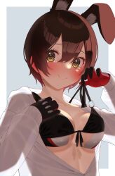 Rule 34 | 1girl, absurdres, animal ear fluff, animal ears, bikini, bikini top lift, black bikini, black gloves, black ribbon, blush, breasts, brown hair, clothes lift, collarbone, embarrassed, front-tie bikini top, front-tie top, gloves, hand on own chest, highres, hololive, jacket, kemonomimi mode, kiaoekakishitai, lifted by self, long sleeves, looking at viewer, medium breasts, nervous smile, o-ring, o-ring top, open clothes, open jacket, rabbit ears, red gloves, ribbon, roboco-san, short hair, smile, solo, swimsuit, tearing up, tears, two-tone gloves, underboob, upper body, virtual youtuber, white jacket, yellow eyes