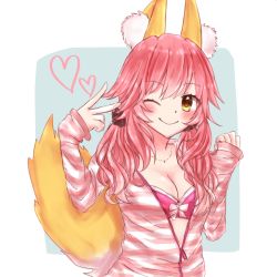 Rule 34 | 10s, 1girl, animal ears, blush, bra, breasts, cleavage, fate/extra, fate (series), fox ears, fox tail, hair ribbon, heart, highres, looking at viewer, official alternate costume, one eye closed, open clothes, open shirt, pink bra, pink hair, ribbon, sakura mineko, shirt, smile, solo, tail, tamamo no mae (fate/extra), tamamo no mae (spring casual) (fate), underwear, yellow eyes