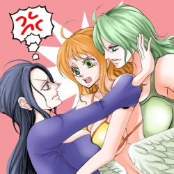 Rule 34 | angry, blue eyes, breast press, breasts, chikaburo, green eyes, green hair, large breasts, monet (one piece), nami (one piece), nico robin, one piece, orange hair, symmetrical docking, tears, wings