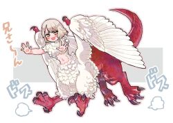 Rule 34 | 1girl, :d, bird wings, blonde hair, blush, chimera, claws, commentary, dungeon meshi, falin touden, falin touden (chimera), feathered wings, feathers, from side, full body, grey background, monster girl, navel, open mouth, outline, outstretched arms, pink outline, puff of air, scales, short hair, signature, simple background, smile, solo, spoilers, tail, talons, taur, twitter username, two-tone background, uzukiyuni, white background, wings, yellow eyes