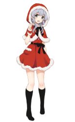 Rule 34 | 1girl, :d, alternate costume, black socks, commentary, full body, grey eyes, grey hair, highres, kantai collection, kneehighs, looking at viewer, nuno (pppompon), open mouth, red hood, santa costume, simple background, smile, socks, solo, white background, yamagumo (kancolle)