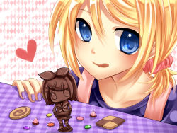 Rule 34 | 1girl, apollo chocolate, blonde hair, blue eyes, checkerboard cookie, chocolate, cookie, face, food, heart, kagamine rin, licking lips, scrunchie, short hair, solo, sweets, tongue, tongue out, valentine, vocaloid, yayoi (egoistic realism)