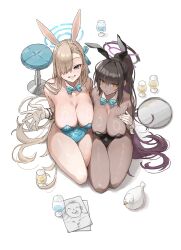 Rule 34 | 2girls, absurdres, animal ears, asuna (blue archive), asuna (bunny) (blue archive), black hair, black leotard, blue archive, blue bow, blue bowtie, blue eyes, blue leotard, bow, bowtie, breasts, cleavage, closed mouth, cup, dark-skinned female, dark skin, detached collar, drinking glass, fake animal ears, gloves, grin, hair over one eye, halo, high ponytail, highres, karin (blue archive), karin (bunny) (blue archive), large breasts, leotard, light brown hair, long hair, looking at viewer, multiple girls, official alternate costume, playboy bunny, rabbit ears, seiza, sideboob, simple background, sitting, smile, stool, tray, uuuron cha, very long hair, white background, white gloves, yellow eyes
