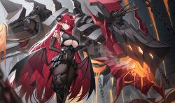 Rule 34 | 1girl, absurdres, ahoge, azur lane, black horns, black pantyhose, breasts, commentary, curled horns, demon girl, demon horns, demon wings, highres, hindenburg (azur lane), horns, jeze, large breasts, long hair, looking at viewer, non-humanoid robot, pantyhose, pointy ears, red eyes, red hair, robot, robot dragon, solo, standing, underboob, very long hair, wings