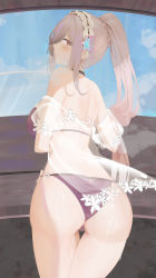 Rule 34 | 1girl, ass, azur lane, bikini, blue butterfly, braid, bug, butterfly, butterfly hair ornament, choker, crown braid, dunkerque (azur lane), dunkerque (summer sucre) (azur lane), earrings, from behind, front-tie bikini top, front-tie top, grey hair, hair ornament, headdress, highres, bug, jewelry, looking at viewer, looking back, ponytail, purple bikini, red eyes, ru zhai, see-through, solo, swimsuit
