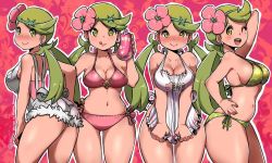 Rule 34 | 1girl, :p, ;d, apron, apron pull, arm up, bikini, blush, breasts, cleavage, clothes pull, creatures (company), dark skin, flower, flower on head, game freak, green bikini, green eyes, green hair, hair flower, hair ornament, kenron toqueen, licking lips, looking at viewer, low twintails, mallow (pokemon), medium breasts, naked apron, navel, nintendo, one eye closed, open mouth, overalls, pink bikini, pokemon, pokemon sm, shirt, sideboob, sleeveless, sleeveless shirt, smile, solo focus, swept bangs, swimsuit, thick thighs, thighs, tongue, tongue out, triangle mouth, twintails, wide hips