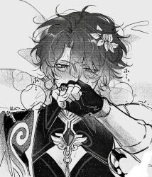 Rule 34 | 1boy, ancient greek clothes, blush, crying, crying with eyes open, dr. ratio (honkai: star rail), eyeliner, greco-roman clothes, greyscale, hair between eyes, half-closed eyes, highres, honkai: star rail, honkai (series), jewelry, makeup, male focus, messy hair, monochrome, oryunbunkosu, pectoral cleavage, pectorals, puff of air, ring, short hair, sweat, sweatdrop, tears