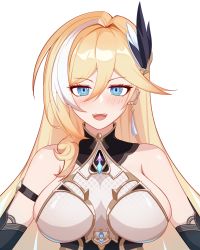 Rule 34 | 1girl, :d, absurdres, armor, bare shoulders, bianka durandal ataegina, bianka durandal ataegina (palatinus equinox), blonde hair, blue eyes, breasts, earrings, hair ornament, highres, honkai (series), honkai impact 3rd, jewelry, large breasts, long hair, looking at viewer, open mouth, power man (xy1950314788), simple background, smile, solo, upper body, white background
