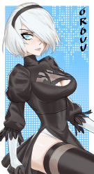 1girl, black dress, black gloves, blue background, boots, breasts, cleavage, cleavage cutout, clothing cutout, dress, gloves, hairband, highres, lips, mole, mole under mouth, nier (series), nier automata, orouu, skirt, thigh boots, thighhighs, thighs, white hair, yorha no. 2 type b