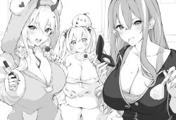 Rule 34 | 3girls, :d, animal, animal on head, azur lane, babydoll, bare shoulders, bird, blush, breasts, bremerton (azur lane), bremerton (relaxation consultation) (azur lane), candy, character pillow, chick, choker, cleavage, closed mouth, collarbone, commentary request, compact (cosmetics), cosmetics, elbing (azur lane), elbing (sleepless night&#039;s wishes) (azur lane), food, hair between eyes, hair down, hair ornament, heterochromia, holding, holding candy, holding food, holding lollipop, hood, hood up, hoodie, horns, jacket, jewelry, kumano (azur lane), kumano (pj poker party) (azur lane), large breasts, lipstick tube, lollipop, long hair, looking at viewer, makeup brush, manjuu (azur lane), mole, mole on breast, mole under eye, monochrome, mouth hold, multicolored hair, multiple girls, nail polish, necklace, official alternate costume, official alternate hairstyle, on head, oni horns, open mouth, parted lips, piwka, sharp teeth, sidelocks, sitting, smile, sparkle, standing, streaked hair, sweat, tank top, teeth, two-tone hair, two side up, upper teeth only, very long hair