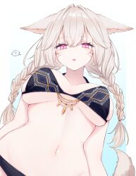 Rule 34 | 1girl, ?, absurdres, animal ears, bikini, black bikini, braid, breasts, breasts apart, cat ears, cat girl, cat tail, commentary, facial mark, final fantasy, final fantasy xiv, from below, highres, large breasts, light brown hair, long hair, looking at viewer, miqo&#039;te, navel, pink eyes, sana (sanamaru 0w0), slit pupils, solo, spoken question mark, stomach, swimsuit, symbol-only commentary, tail, twin braids, warrior of light (ff14), whisker markings