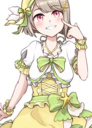 Rule 34 | 1girl, absurdres, artist name, artist request, blush, bow, breasts, brown hair, clenched hand, collarbone, crescent, crescent hair ornament, cross-laced clothes, cross-laced dress, diamond (love live!), dress, feathers, female focus, frilled dress, frills, green bow, green ribbon, grey hair, hair ornament, hat, hat feather, highres, light brown hair, looking at viewer, love live!, love live! nijigasaki high school idol club, love live! school idol festival, mer (mer3in), nakasu kasumi, parted lips, pointing, pointing at self, purple eyes, red eyes, ribbon, short hair, skirt, smile, solo, star (symbol), star hair ornament, white background, white feathers, wrist cuffs, yellow bow, yellow dress, yellow hat, yellow ribbon, yellow skirt, yellow wrist cuffs