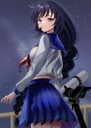 Rule 34 | 1girl, agedashi doufu mk23, antenna hair, black hair, blue eyes, blue sailor collar, blue skirt, braid, commentary request, fence, from side, highres, long hair, looking afar, neckerchief, night, original, outdoors, parted lips, pleated skirt, red neckerchief, sailor collar, shirt, skirt, sky, solo, standing, star (sky), starry sky, telescope, white shirt